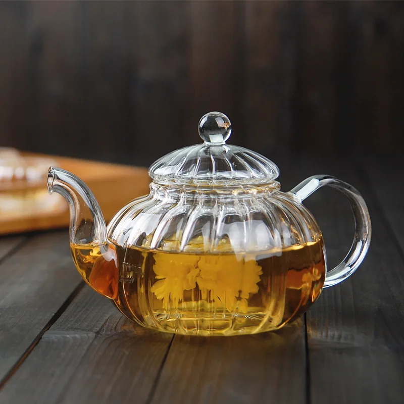 Herbal Tea - กาน้ำชาแก้วลายดอกไม้ทรงฟักทอง600มล. พร้อมที่กรองใบชาสมุนไพรหม้อแก้วทนความร้อนกาน้ำชาดอกไม้