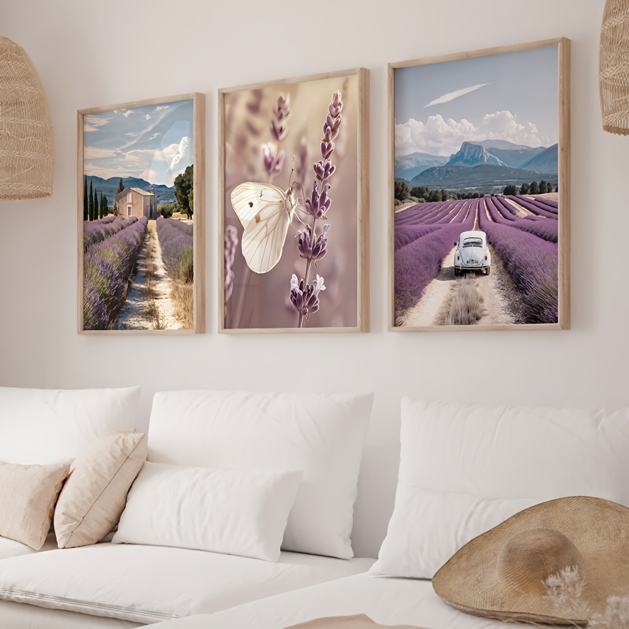 Lavender Oil - ลาเวนเดอร์ โปรวองซ์ 3 ชิ้น ภาพวาดบนผืนผ้าใบ ผีเสื้อ