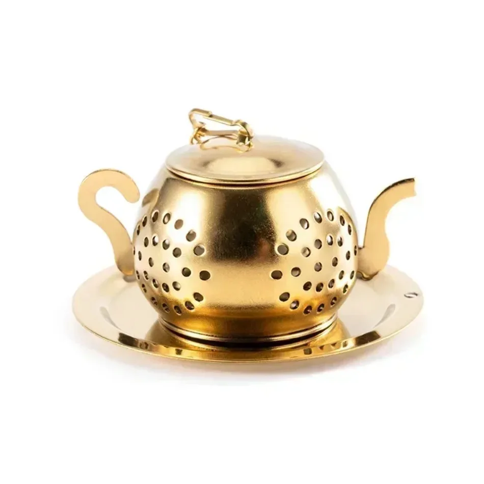 Herbal Tea - ที่กรองชาสมุนไพร อุปกรณ์เสริมสำหรับพิธีชงชา รูปทรงกาน้ำชาสีทอง ทำจากสแตนเลส ใช้กรองใบชาแบบหลวม ใช้ซ้ำได้